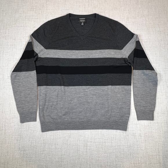 Nordstrom 100% Merino Wool Sweater Men's XL V Neck Striped Extra Fine Merino - Picture 1 of 9